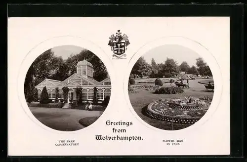 Präge-AK Wolverhampton, The Park Conservatory, Flower Beds in Park