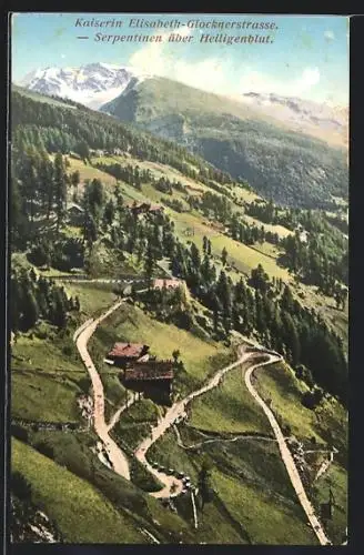 AK Heiligenblut, Kaiserin Elisabeth-Glocknerstrasse-Serpentinen über dem Ort