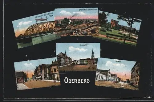 AK Oderberg, Bahnhof mit Rohrenwalzwerk, Kaiser Franz Josef Jubiläums Brücke, Ringplatz mit Strassenbahn