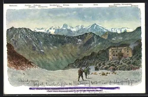 Künstler-AK F.A.C.M. Reisch: Similaunhütte a/Niederjoch, Blick gegen Ortlergruppe