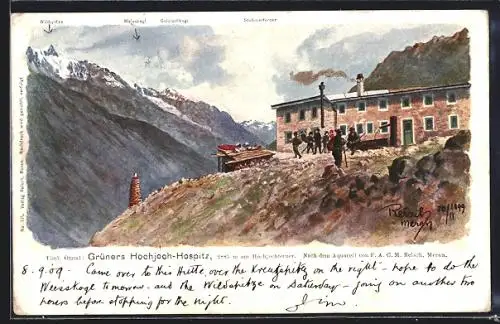 Künstler-AK F.A.C.M. Reisch: Grüners Hochjoch-Hospiz, Berghütte