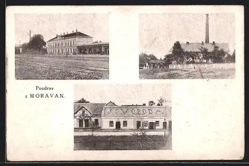 AK Moravany, Bahnhof und Hotel J. Svoboda