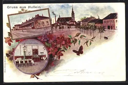 AK Hullein, Bahnhof, Marktplatz mit Kirche, Schmetterling
