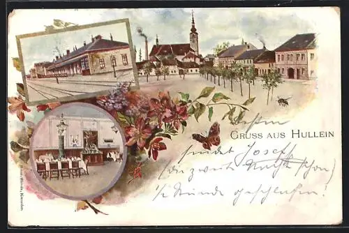 Lithographie Hullein, Bahnhof, Innenansicht vom Restaurant