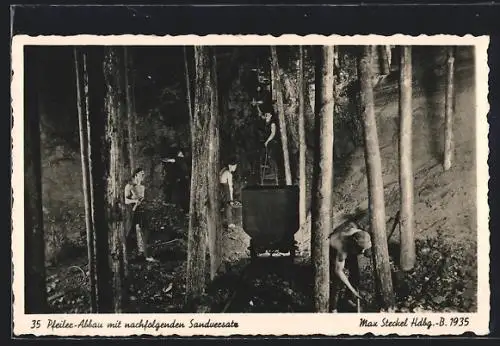 AK Schwarze Diamanten, Pfeiler-Abbau mit nachfolgenden Sandversatz, Güterlore im Stollen, Bergbau