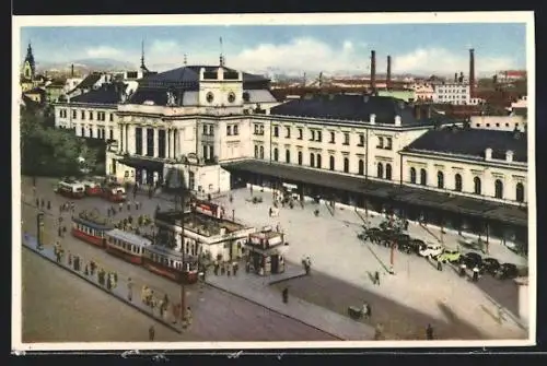 AK Brünn, Bahnhof mit Strassenbahn