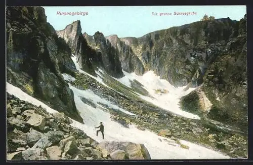 AK Schneegruben-Baude, Schneegrube mit Baude und Bergsteiger