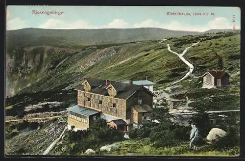 AK Elbfallbaude im Riesengebirge, Aussenansicht der Berghütte, Inh. Josef Erlebach