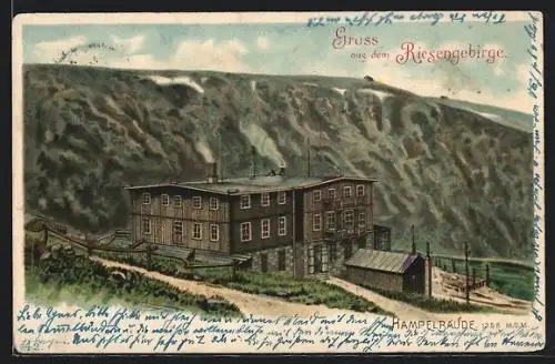 Lithographie Hampelbaude, Berghütte im Riesengebirge