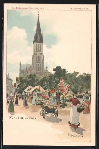 Lithographie Mulhouse, Place de la Paix et l'Eglise