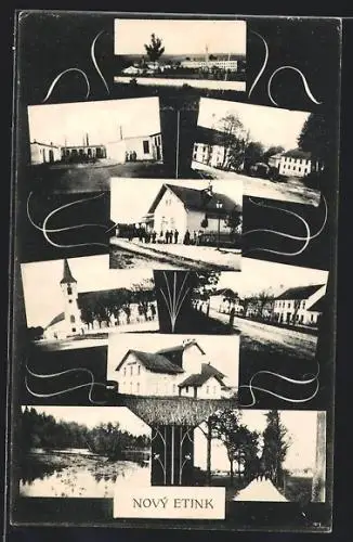 AK Novy Etink, Bahnhof, Kirche, Strassenpartie mit Geschäft, Post