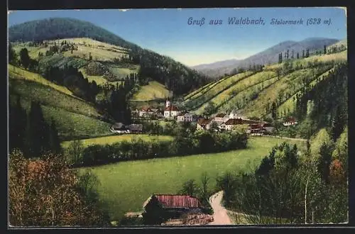 AK Waldbach, Ortsansicht mit Kirche und Talblick