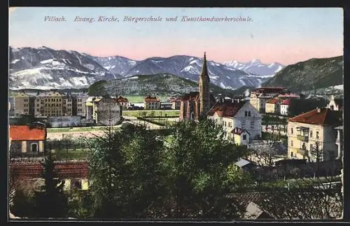 AK Villach, Evang. Kirche, Bürgerschule und K. k. Kunsthandwerkerschule