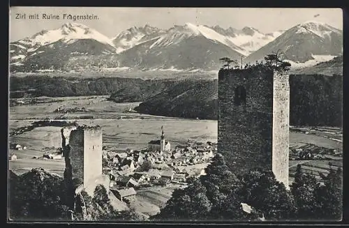 AK Zirl, Gesamtansicht mit Ruine Fragenstein und Bergpanorama