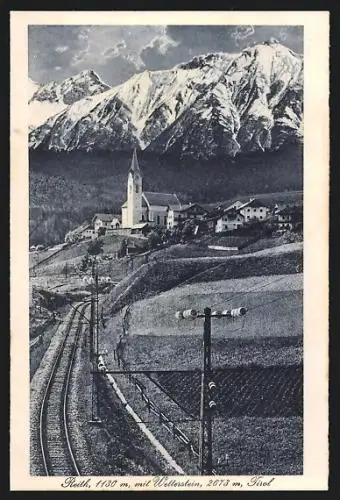 AK Reith, Ortsansicht mit Bahnschienen und Wetterstein