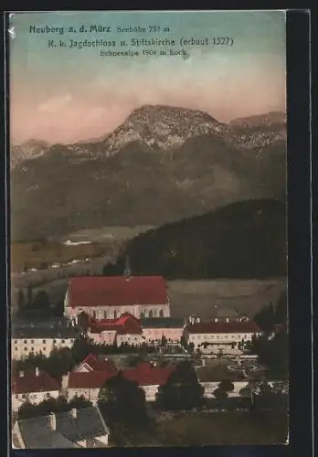 AK Neuberg /Mürz, K. k. Jagdschloss und Stiftskirche mit Schneealpe aus der Vogelschau