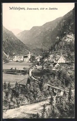 AK Wildalpen i. d. Steiermark, Blick auf den Ort und die Kirche