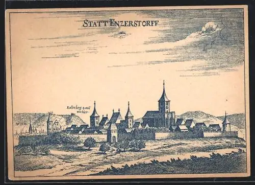 Künstler-AK Maria Enzersdorf, Ansicht von Ort und mit Stadtmauer um 1672