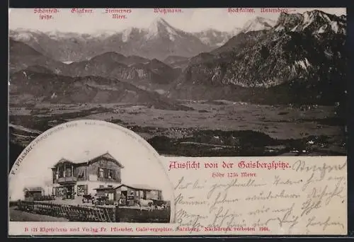 AK Gaisbergspitze, Panoramablick ins Tal und F. Pflauders Geschäft