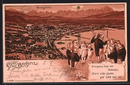 Lithographie Bregenz, Ortsansicht aus der Vogelschau mit Froschorchester