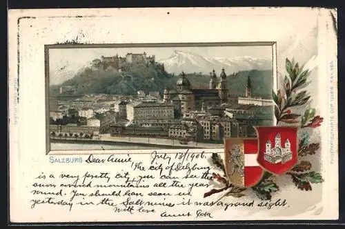 Passepartout-Lithographie Salzburg, Panorama mit Kirche, Wappen