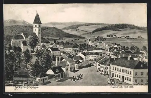 Künstler-AK Böheimkirchen, Ortsansicht mit Kirche und Wohnhäusern