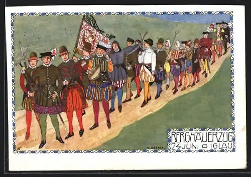 AK Iglau, Berghauerzug mit Fahne