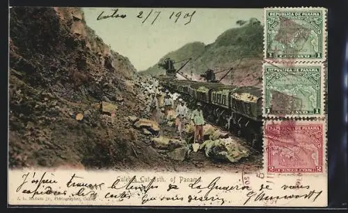 AK Culebra Cut, Steinbruch mit Arbeitern und Bahn