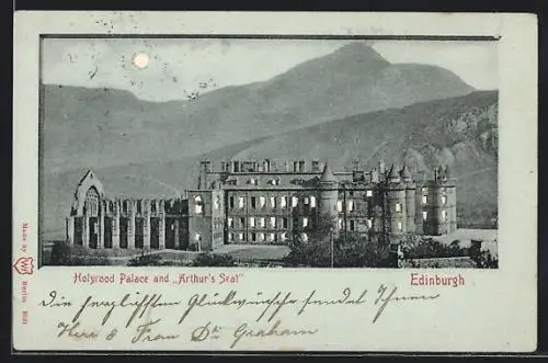 Mondschein-AK Edinburgh, Holyrood Palace and Arthur`s Seal, Halt gegen das Licht