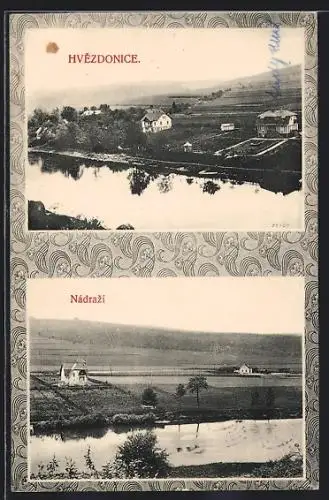 AK Hvezdonice, Nádrazi / Bahnhof, Ortspartie am Fluss