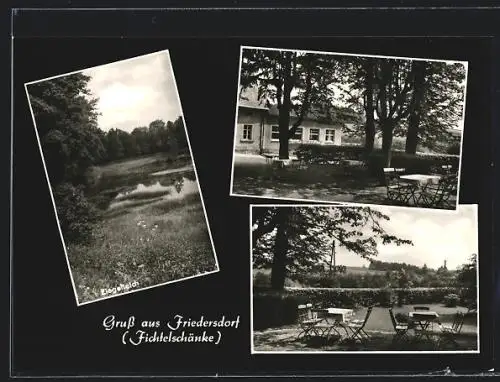 AK Friedersdorf / Lausitz, Gasthaus Fichtelschänke, Garten, Ziegelteich