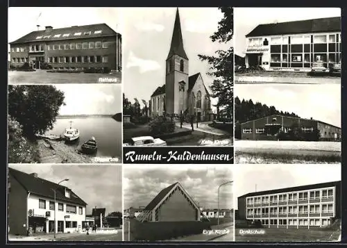 AK Duisburg-Rumeln-Kaldenhusen, Rathaus, Donkschule, Ev. Kirche