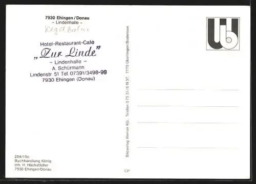 AK Ehingen /Donau, Hotel-Restaurant-Cafe Zur Linde Lindenhalle, Lindenstrasse 51