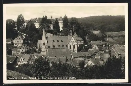 AK Stolberg /Harz, Schloss, St. Martinikirche und Marktturm aus der Vogelschau