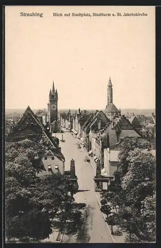 AK Straubing, Blick auf Stadtplatz, Stadtturm und St. Jakobskirche