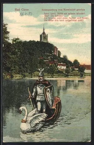 AK Bad Cleve, Schwanenburg vom Kermisdahl gesehen und Ritter mit Schwanengespann