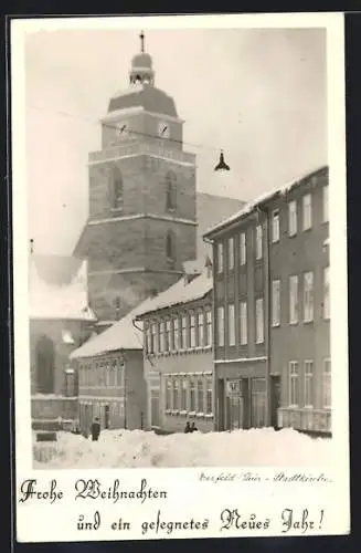 AK Eisfeld /Thür., Stadtkirche im Schnee, Weihnachtsgruss