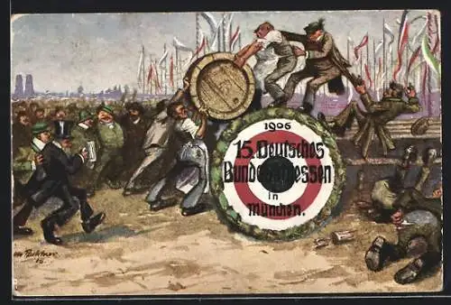 Künstler-AK München, 15. Deutsches Bundesschiessen 1906, Männer wuchten ein Bierfass