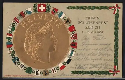 Künstler-AK Zürich, Eidgen. Schützenfest 1907, Helvetia