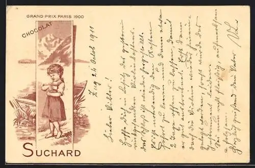 Künstler-AK Reklame für Chocolat Suchard, Mädchen mit Schokolade