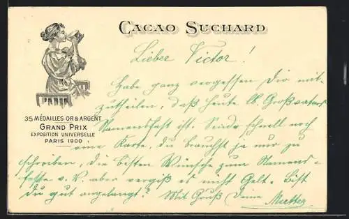 Künstler-AK Reklame für Cacao Suchard, Dame trinkt Kakao