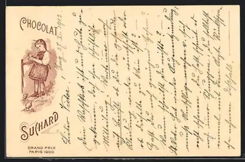 Künstler-AK Reklame für Chocolat Suchard, Mädchen mit Kakao
