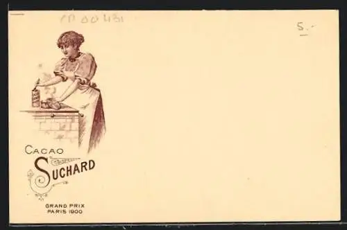 Künstler-AK Reklame für Cacao Suchard, Frau macht heissen Kakao