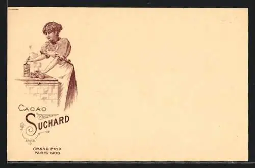 Künstler-AK Reklame für Cacao Suchard, Frau macht heissen Kakao