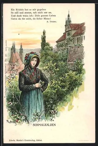 Lithographie Schmalkalden, Einwohnerin in thüringischer Tracht