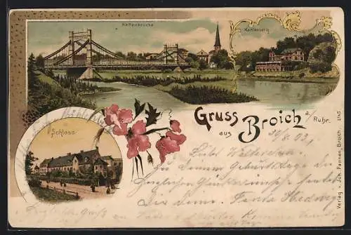 Lithographie Broich / Ruhr, Flusspartie mit Kettenbrücke, Restaurant Kahlenberg