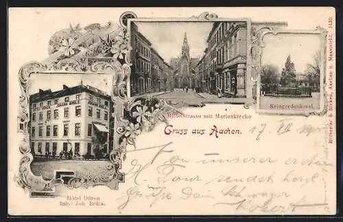 AK Aachen, Hotel Düren, Mittelstrasse mit Marienkirche, Kriegerdenkmal