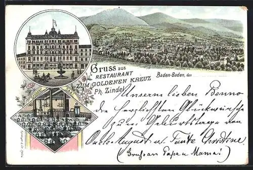 Lithographie Baden-Baden, Restaurant Zum goldenen Kreuz v. Ph. Zindel, Panorama