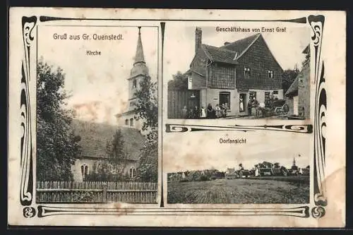 AK Gross-Quenstedt, Geschäftshaus Ernst Graf, Kirche, Ortsansicht