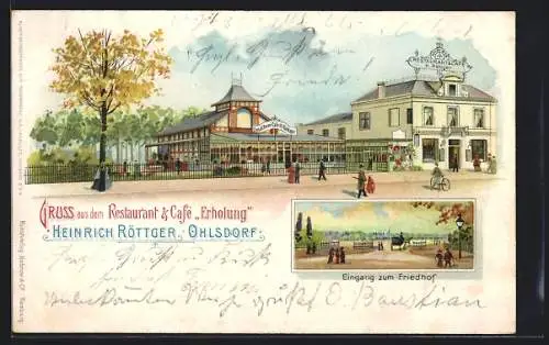 Lithographie Hamburg-Ohlsdorf, Restaurant & Cafe Erholung von H. Röttger, Eingang zum Friedhof